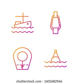 Set line Floating buoy on the sea, Diving hood, Fishing boat on water and Carabiner. Gradient color icons. Vector