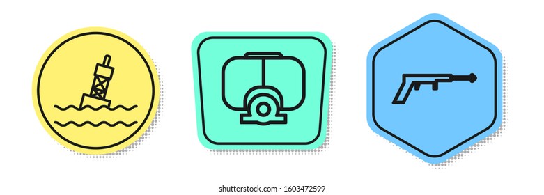 Set line Floating buoy on the sea, Diving mask and Fishing harpoon. Colored shapes. Vector