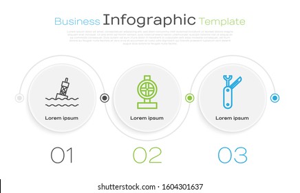 Set line Floating buoy on the sea, Industry metallic pipes and valve and Swiss army knife. Business infographic template. Vector