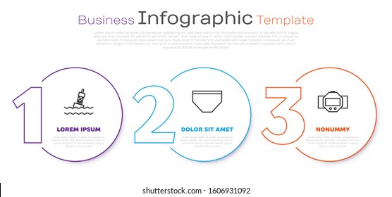 Set line Floating buoy on the sea, Swimming trunks and Diving watch. Business infographic template. Vector