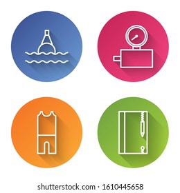 Set line Floating buoy on the sea, Gauge scale, Wetsuit for scuba diving and Underwater note book and pencil. Color circle button. Vector