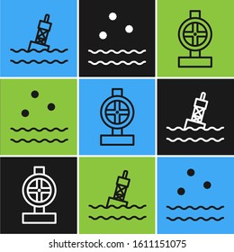 Set line Floating buoy on the sea, Industry metallic pipes and valve and Cold and waves icon. Vector