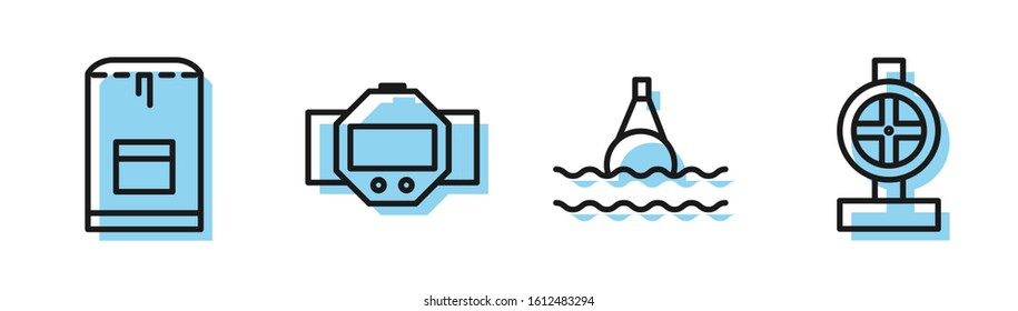 Set line Floating buoy on the sea, Backpack, Diving watch and Industry metallic pipes and valve icon. Vector