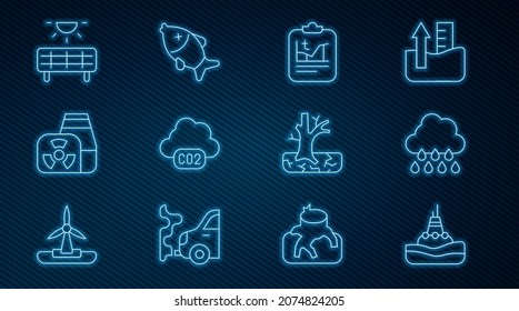 Set line Floating buoy on the sea, Cloud with rain, Global warming, CO2 emissions cloud, Nuclear power plant, Solar energy panel, Withered tree and Dead fish icon. Vector