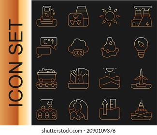 Set line Floating buoy on the sea, Wind turbine, Light bulb with leaf, Sun, CO2 emissions cloud, Global warming, Petrol or gas station and Glacier melting icon. Vector