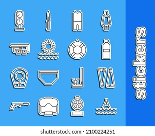 Set Line Floating booy auf dem Meer, Gummi Flossen zum Schwimmen, Aqualung, Wetsuit Tauchsport, Sonne und Wellen, Tauchgurt, Waage und Lifebuy Ikone. Vektorgrafik