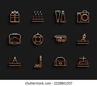 Set line Floating buoy on the sea, Snorkel, Aqualung, Case box container for wobbler, Fishing boat water, Lifebuoy,  and Diving belt icon. Vector
