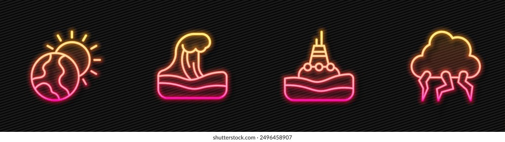 Set line Floating buoy on the sea, Global warming, Tsunami and Storm. Glowing neon icon. Vector