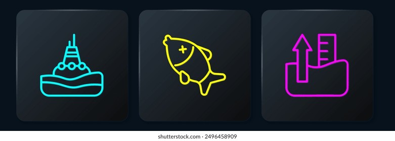 Set line Floating buoy on the sea, Rise water level and Dead fish. Black square button. Vector