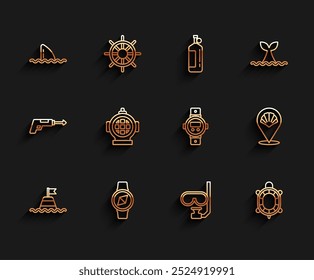 Boya flotante en el mar, brújula, aleta de tiburón, ola del océano, máscara de buceo y snorkel, tortuga, Aqualung, concha de vieira e icono de reloj. Vector