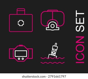 Set line Floating buoy on the sea, Diving watch, mask and First aid kit icon. Vector