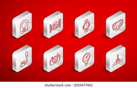 Set line Floating buoy, Photo camera for diver, Diving watch, mask, Gauge scale, Life jacket,  and Snorkel icon. Vector