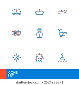 Set line Floating buoy, Tsunami, Wind rose, Whale, Nautical rope knots, Yacht sailboat, Inflatable with motor and Folded paper icon. Vector