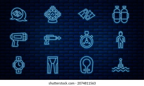 Set line Floating buoy, Wetsuit for scuba diving, Flippers swimming, Fishing harpoon, Flashlight diver, Stopwatch and Aqualung icon. Vector