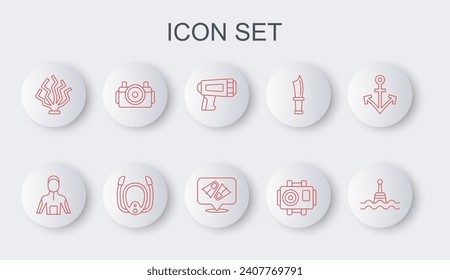 Set line Floating buoy, Wetsuit for scuba diving, Flashlight diver, Photo camera, Coral, Diving mask with snorkel and Flippers swimming icon. Vector