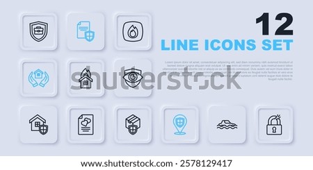 Set line Flood car, Broken or cracked lock, Fire in burning house, Location shield, House hand, Marriage contract, Contract with and Delivery security icon. Vector
