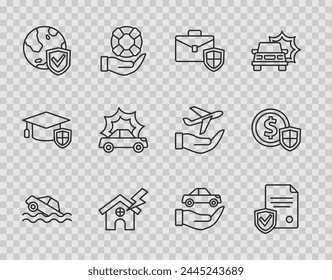 Set line Flood car, Contract with shield, Briefcase, House and lightning, Shield world globe, Car accident, insurance and Money icon. Vector