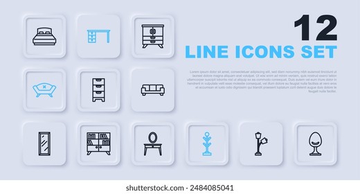 Set line Floor lamp, Armchair, Chest of drawers, Coat stand, Sofa, Library bookshelf, Office desk and Dressing table icon. Vector