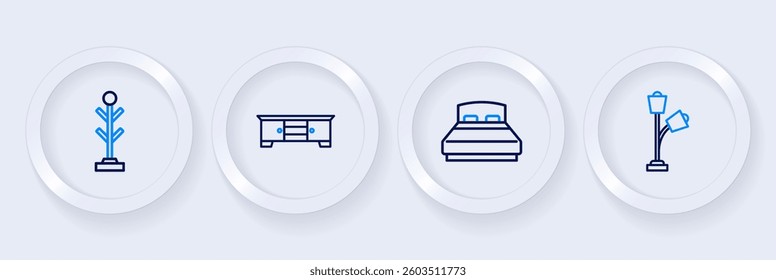 Set line Floor lamp, Big bed, TV table stand and Coat icon. Vector