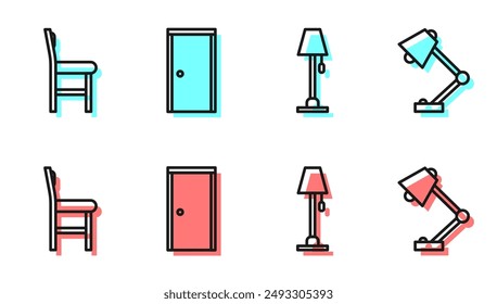 Set line Floor lamp, Chair, Closed door and Table lamp icon. Vector