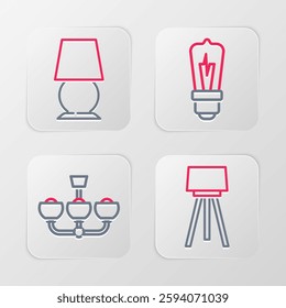 Set line Floor lamp, Chandelier, Light bulb and Table icon. Vector