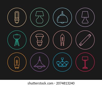 Fijar la línea Lámpara de piso, fluorescente, lámpara de araña, bombilla LED, diodo emisor de luz e icono de tabla. Vector