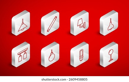Set line Floor lamp, Fluorescent, Wall sconce, Lamp hanging, LED light bulb,  and Led track lights and lamps icon. Vector