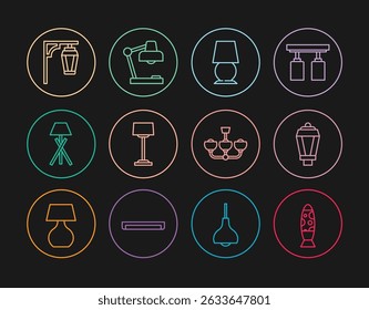 Set line Floor lamp, Garden light, Table, Vintage street, Chandelier and  icon. Vector