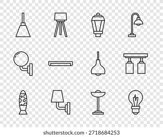 Definir linha Lâmpada de chão, Lâmpada de jardim, Luz de jardim, Consola de parede, Lustre, Fluorescente, e LED luzes de pista ícone. Vetor