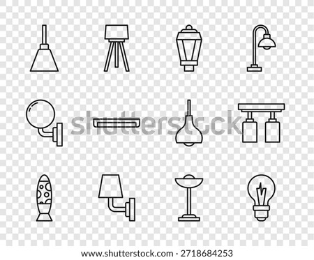 Set line Floor lamp, Light bulb, Garden light, Wall sconce, Chandelier, Fluorescent,  and Led track lights lamps icon. Vector