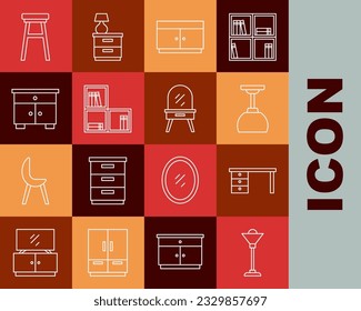 Fija la línea lámpara del suelo, escritorio de oficina, lámpara colgante, cómoda, estante con libros, mesa de noche de mobiliario, silla e icono de la mesa de vestir. Vector