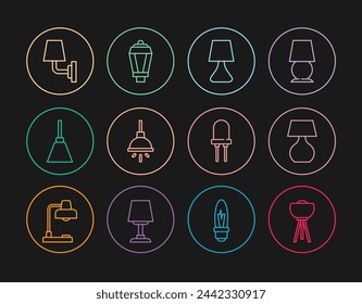 Lámpara de pie, mesa, lámpara de araña, apliques de pared, diodo emisor de luz e icono de luz de jardín. Vector