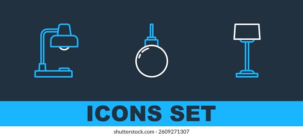 Set line Floor lamp, Table and Lamp hanging icon. Vector