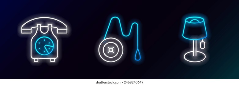 Set line Floor lamp, Telephone handset and Yoyo toy icon. Glowing neon. Vector