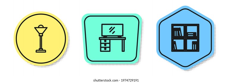 Set line Floor lamp, TV table stand and Shelf with books. Colored shapes. Vector