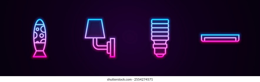 Set line Floor lamp, Wall sconce, LED light bulb and Fluorescent. Glowing neon icon. Vector