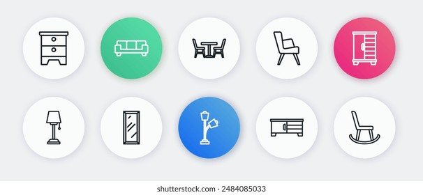Set line Floor lamp, Wardrobe, TV table stand, Armchair, Table with,  and Big full length mirror icon. Vector