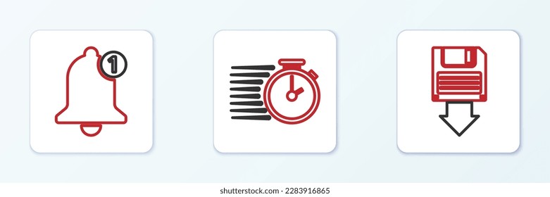 Set line Floppy disk backup, Bell and Stopwatch icon. Vector