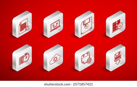 Set line Floppy disk backup, Dead laptop, Server setting, Calendar with check mark, Delete file document, Cloud sync refresh and Stopwatch icon. Vector