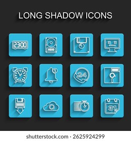 Set line Floppy disk backup, Cloud sync refresh, Digital alarm clock, Stopwatch, Calendar, Bell, in the 5.25-inch and Telephone 24 hours support icon. Vector