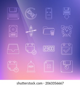 Set line Floppy disk, Calendar with check mark, Alarm clock, Dead mobile, Kayak and paddle, Hard drive HDD,  and Delete folder icon. Vector
