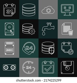 Set line Floppy disk, Calendar with check mark, Delete file document, Cloud sync refresh, Setting database server, Hard drive HDD,  and Water tap icon. Vector