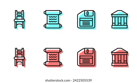 Set line Floppy disk, Chair, Papyrus scroll and Museum building icon. Vector