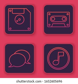 Set line Floppy disk for computer data storage, Speech bubble chat, Retro audio cassette tape and Music note, tone. Blue square button. Vector