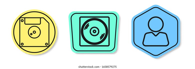 Set line Floppy disk for computer data storage, Vinyl disk and Add to friend. Colored shapes. Vector