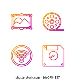 Set line Floppy disk for computer data storage, Wi-Fi wireless internet network, Picture landscape and Film reel. Gradient color icons. Vector