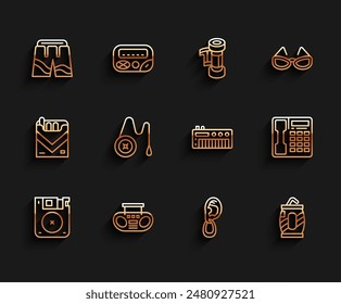 Set line Floppy disk, Home stereo with two speakers, Short or pants, Ear earring, Soda can straw, Yoyo toy, Telephone handset and Music synthesizer icon. Vector