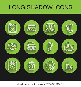 Set line Floppy disk, Soda can with straw, Cigarettes pack box, Music CD player, Lipstick, Retro typewriter, Joystick and Ear earring icon. Vector