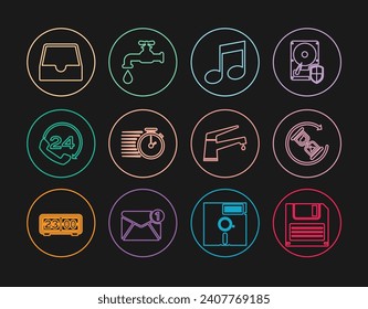 Set line Floppy disk, Waiting, Music note, tone, Stopwatch, Telephone 24 hours support, Social media inbox, Water tap and  icon. Vector
