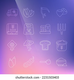 Set line Flour bowl, Bag of flour, Garden pitchfork, Scythe, Pack full seeds plant, Book about, truck and Farm house icon. Vector